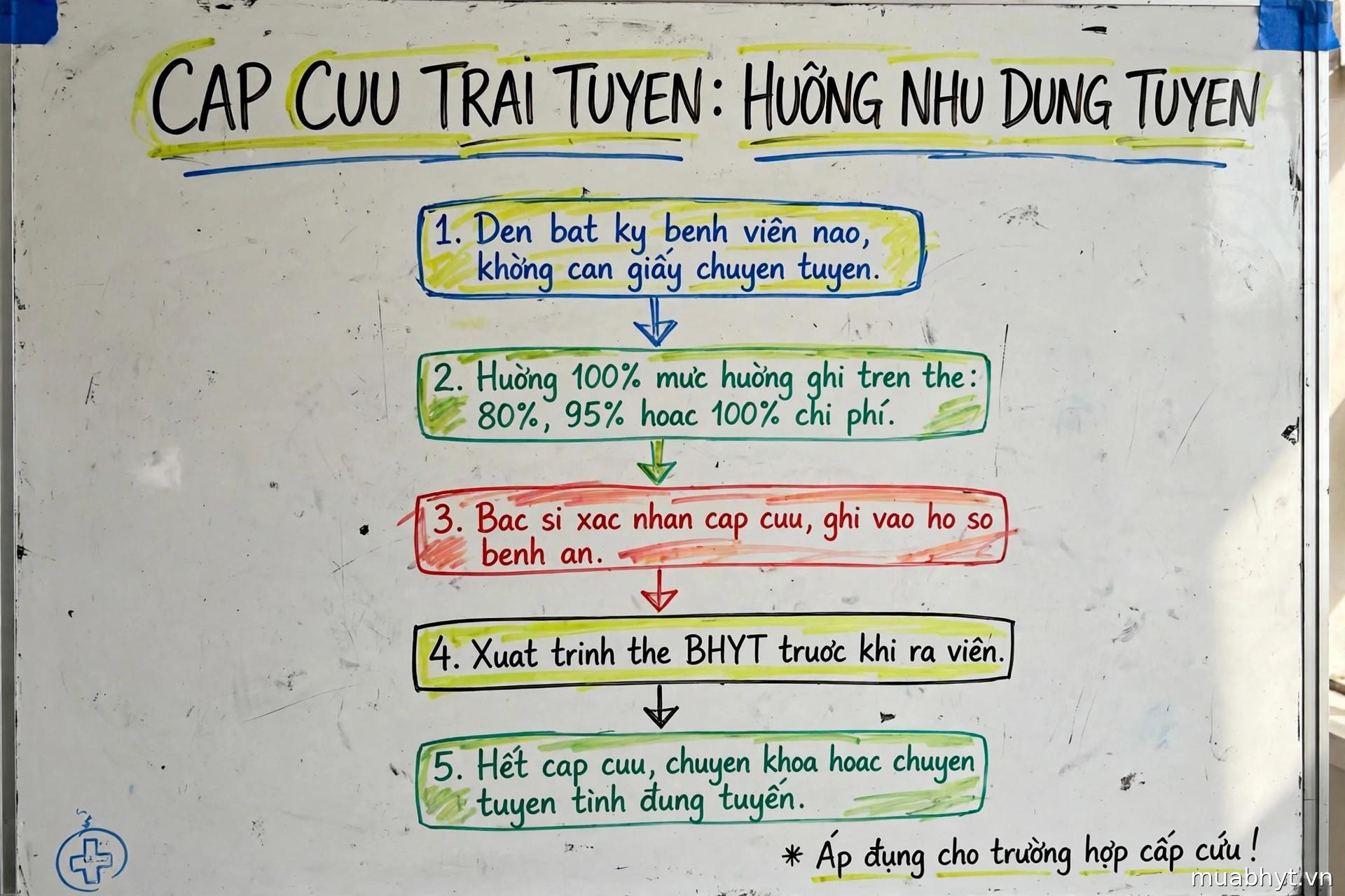 Infographic bảng trắng: cấp cứu trái tuyến — 1. Đến bất kỳ bệnh viện nào, 2. Hưởng 100% mức hưởng ghi trên thẻ, 3. Bác sĩ xác nhận cấp cứu ghi vào hồ sơ, 4. Xuất trình thẻ trước khi ra viện, 5. Hết cấp cứu chuyển khoa hoặc chuyển tuyến tính đúng tuyến
