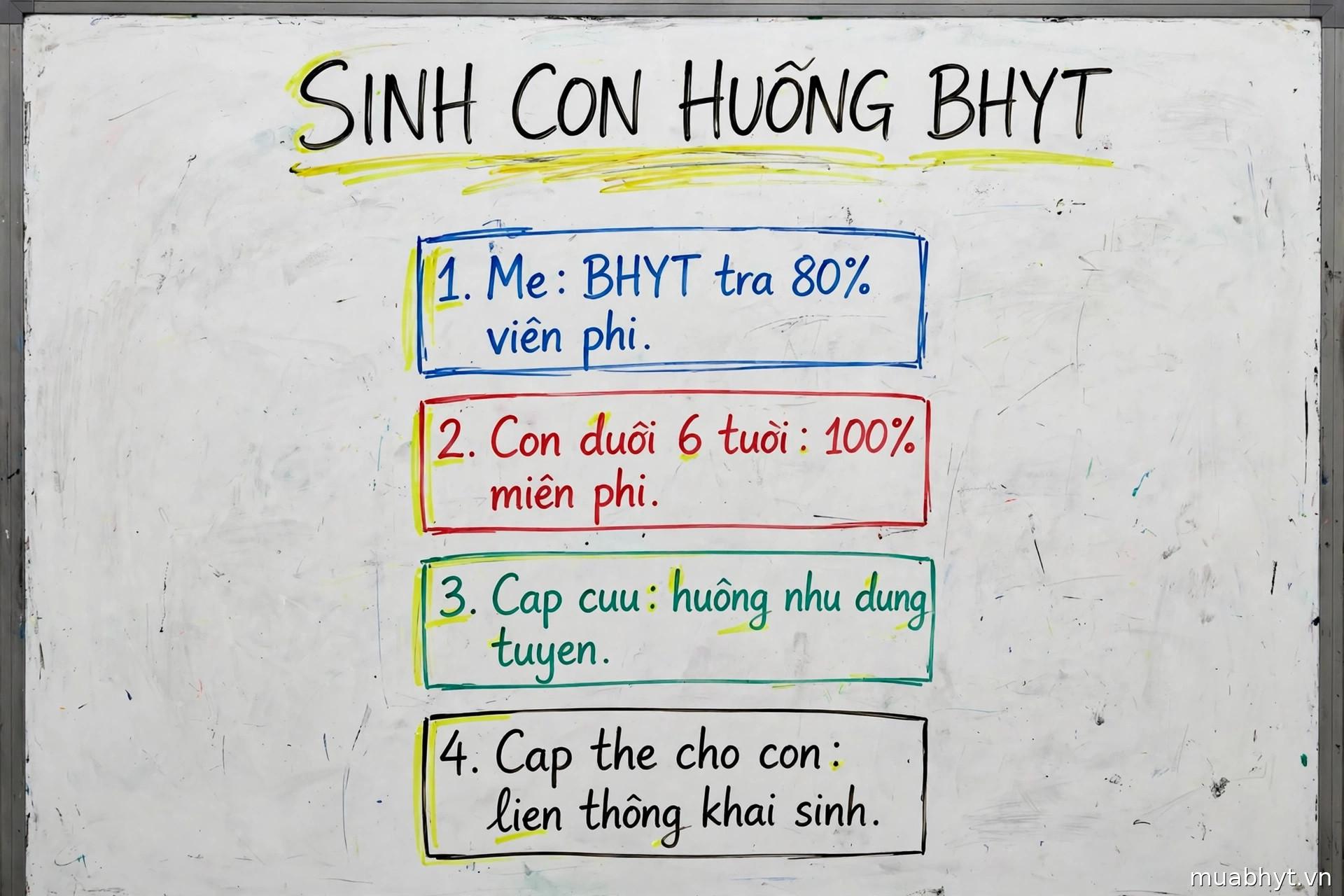 Infographic bảng trắng: sinh con hưởng BHYT — mẹ được BHYT trả 80% viện phí, con dưới 6 tuổi hưởng 100% miễn phí, cấp cứu hưởng như đúng tuyến, cấp thẻ cho con qua liên thông khai sinh