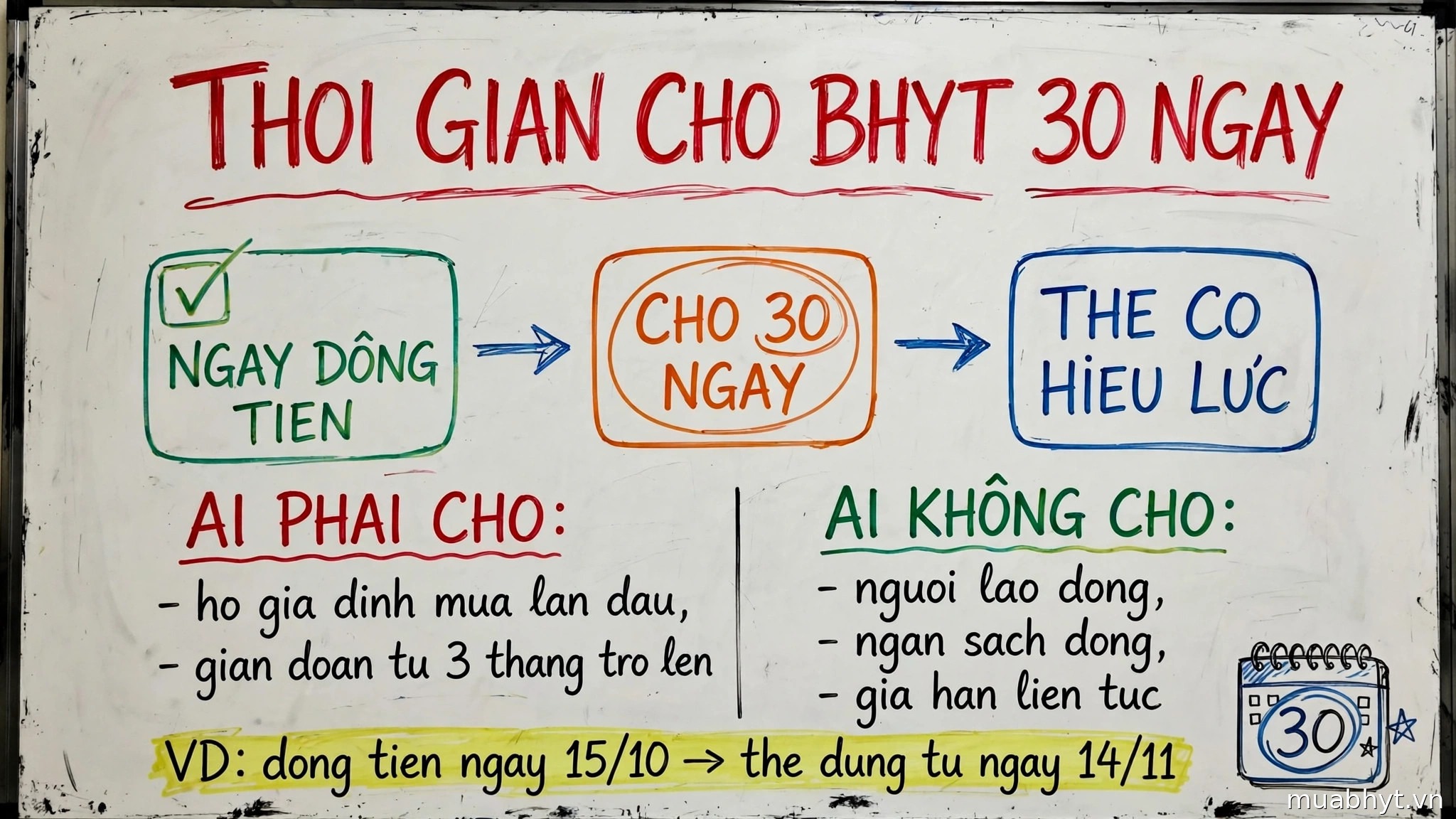 Infographic bảng trắng: thời gian chờ BHYT 30 ngày — ai phải chờ, ai được miễn, cách tính ngày hiệu lực