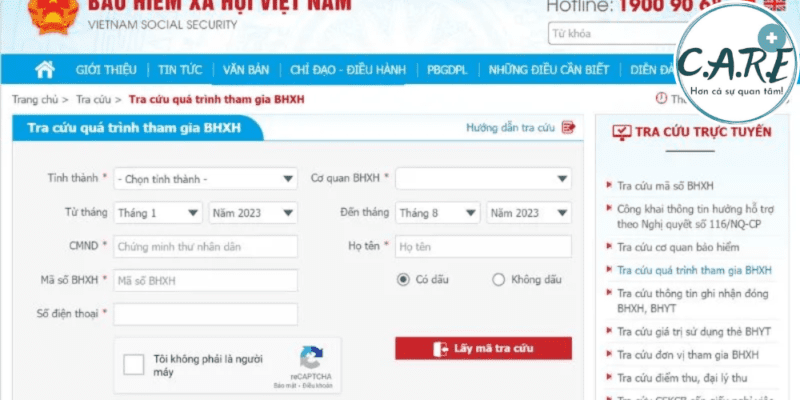 Giao diện tra cứu quá trình đóng BHXH trên Cổng thông tin BHXH Việt Nam