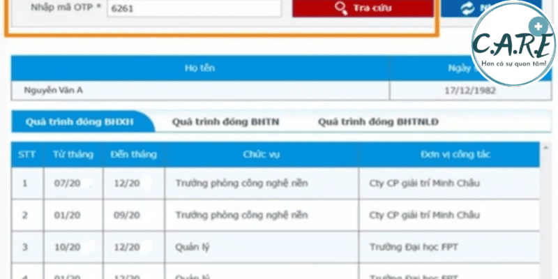 Bảng kết quả tra cứu quá trình đóng BHXH trên Cổng thông tin BHXH Việt Nam