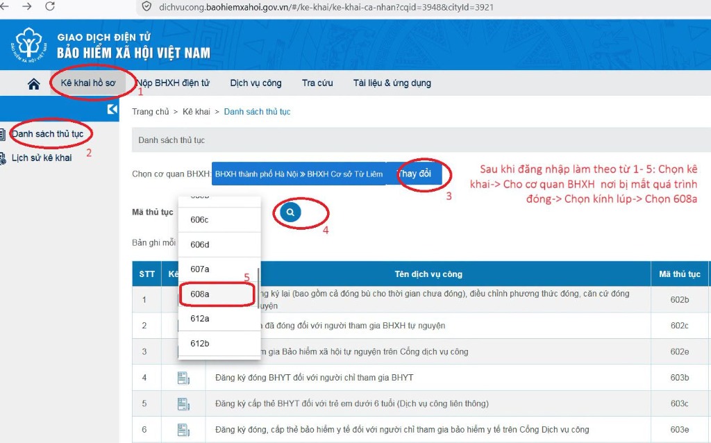 Hướng dẫn chọn cơ quan BHXH và tìm mã thủ tục 608a