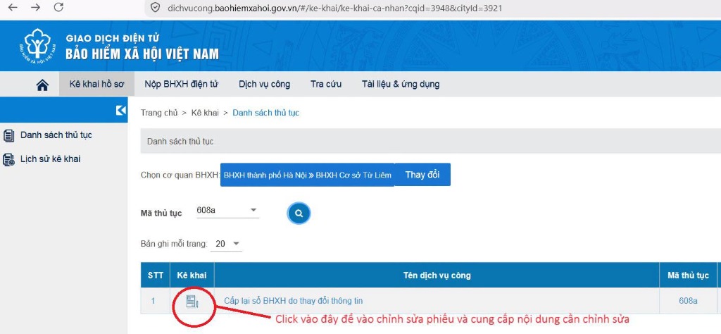 Click vào biểu tượng văn bản để kê khai thủ tục 608a